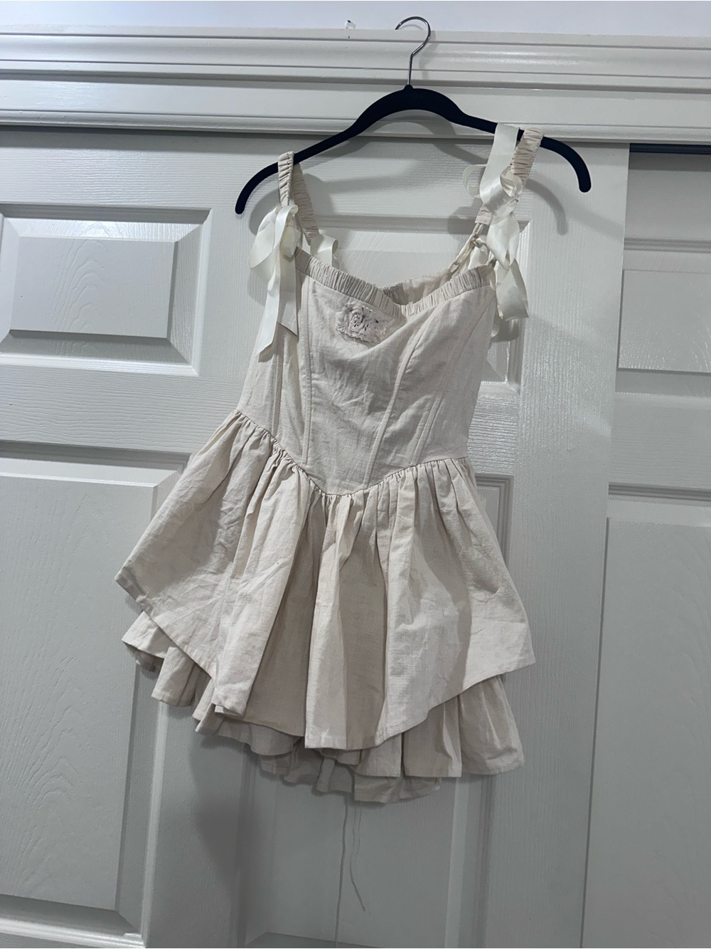 Girls Cream Ruffle Corseted Sundress with Ribbon Straps